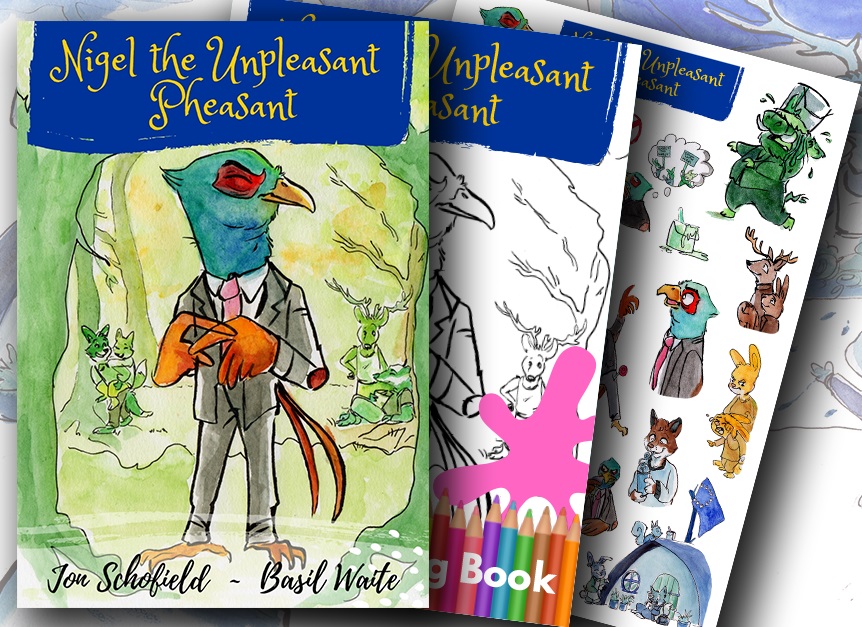 The Nigel bundle: picture book, colouring book and sticker sheet shown together