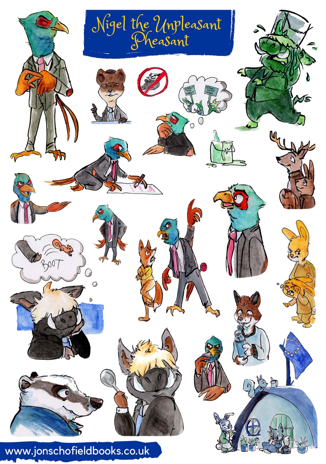 Full sheet of Nigel the Unpleasant Pheasant vinyl stickers featuring Nigel and his woodland associates
